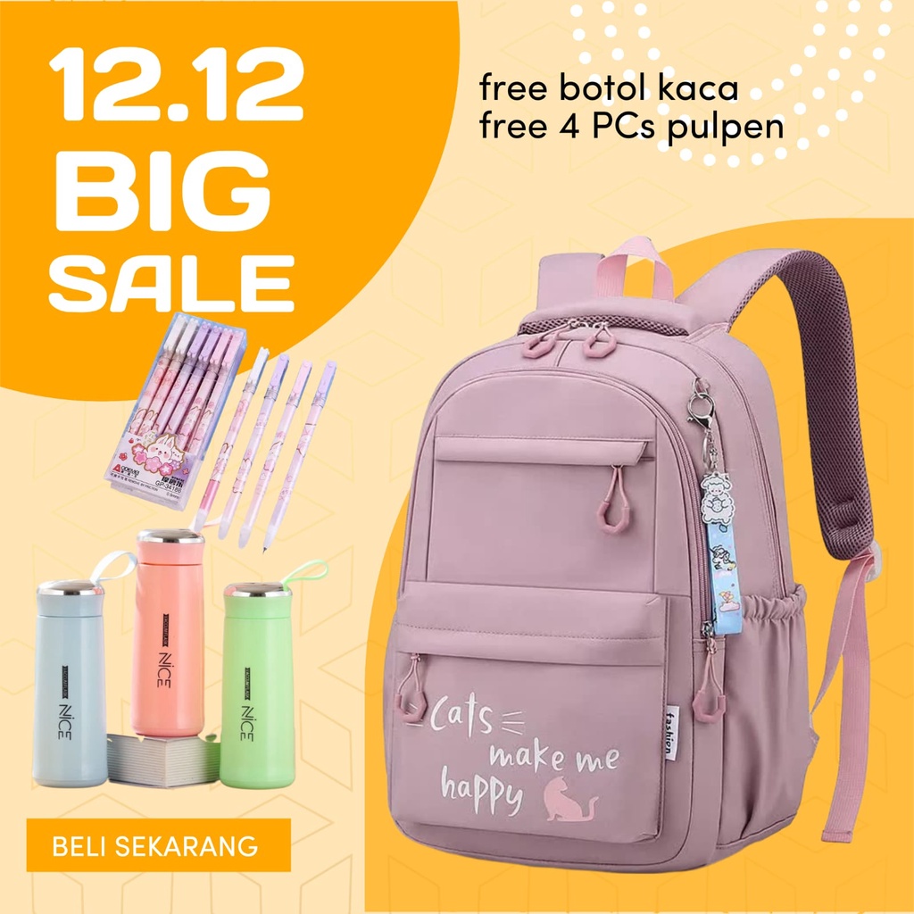 Tas Sekolah Anak Perempuan SD SMP SMA Ransel Kerja ORIGINAL Tas Sekolah Anak Laki-Laki Free Botol Minum Kaca