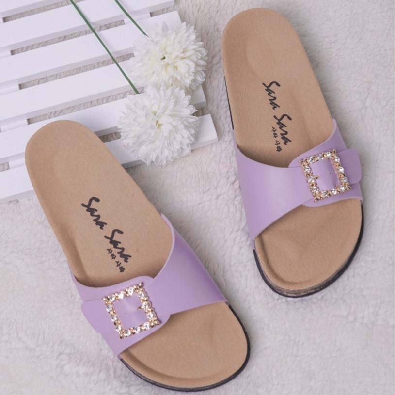 SARASARA YUK - TIMMY Sandal Wanita Slop Casual Size 36 - 41 Model Birken Sol Puyuh Sara Sara Sendal Cewek Kulit Santai Rumahan Strap Gesper 1 Kristal Blink Empuk 37 38 39 40 Warna Lilac Ungu Soft Selop Anti Slip Original Shoes ORI Mall Official Store