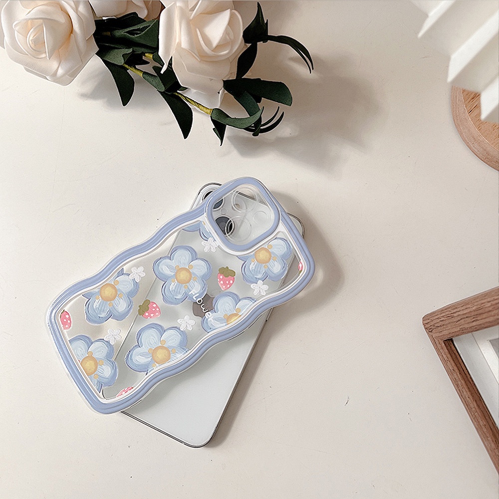 Oppo A17 A16 A57 2022 A77S A15 A16K A54 A53 A12 A5S A7 A3S A11k A31 A52 A92 A94 A93 A37 F9 A1K A76 Bunga Strawberry Tepi Gelombang TPU Phone Case Cover KAIJIE