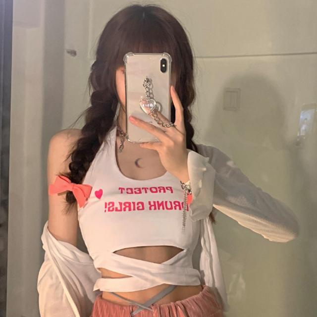 Setelan one-piece Suhao untuk Barbie~ Kamisol salib huruf merah muda gadis imut Korea + kardigan rajutan tabir surya