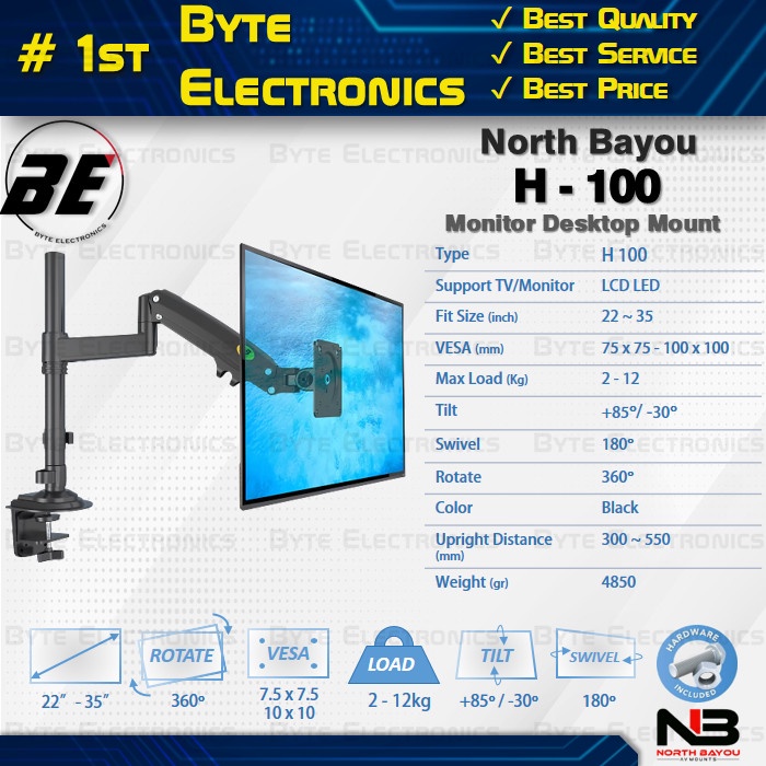 BRACKET MONITOR 24 27 32 34 35 INCH, SINGLE ARM MONITOR GAS-STRUT H100