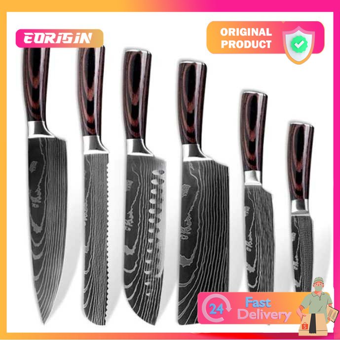 6in1 Set Pisau Dapur Chef Damaskus Pattern Pisau Cincang/Daging/Sushi