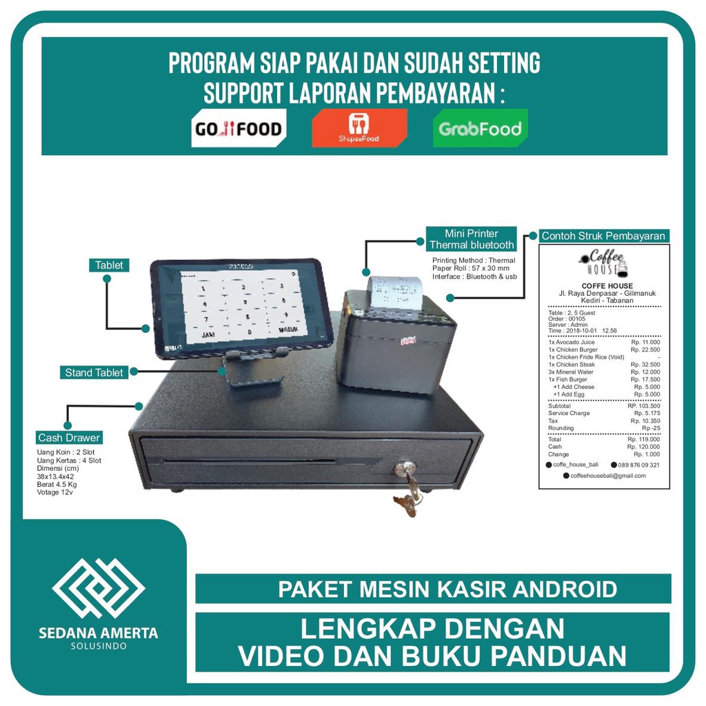 Paket Mesin Kasir  Android POS Tablet/Tab 7 Inch 3/32GB - PAKET LENGKAP : Tab, Laci Uang/Cash drawer &amp; Printer Thermal 58mm - cocok untuk Restaurant, Resto, Cafe, Barber Shop, Vape Store, Retail