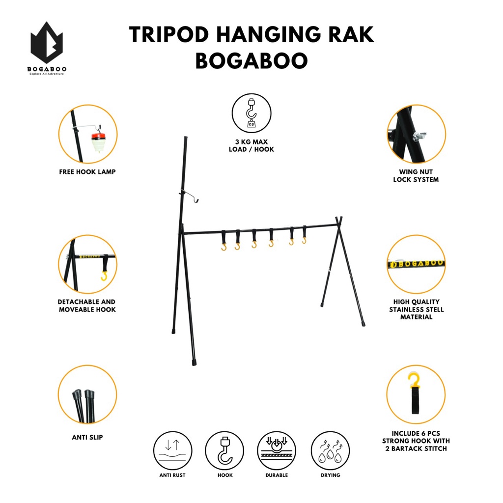 BOGABOO Tripod Hanging Rack - Gantungan Trypod ALat Camping - Rak Cantolan Alat Masak OUTDOOR GUNUNG
