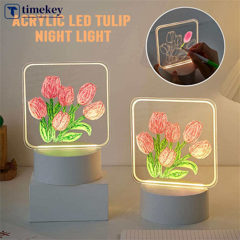 Timekey Acrylic LED Tulip Lampu Malam Bunga Papan Nota Lampu DIY Buatan Tangan Lukisan Tintaging Suasana Bunga Lampu Meja Dekorasi Rumah K7S4