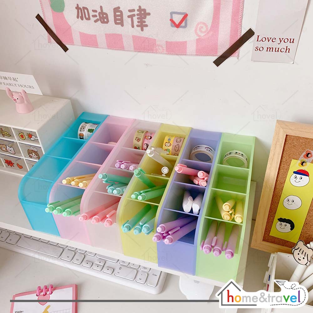 HOVELSHOP Rak Pensil Mini 4 Sekat Tempat Alat Tulis Gunting Kosmetik Warna Warni