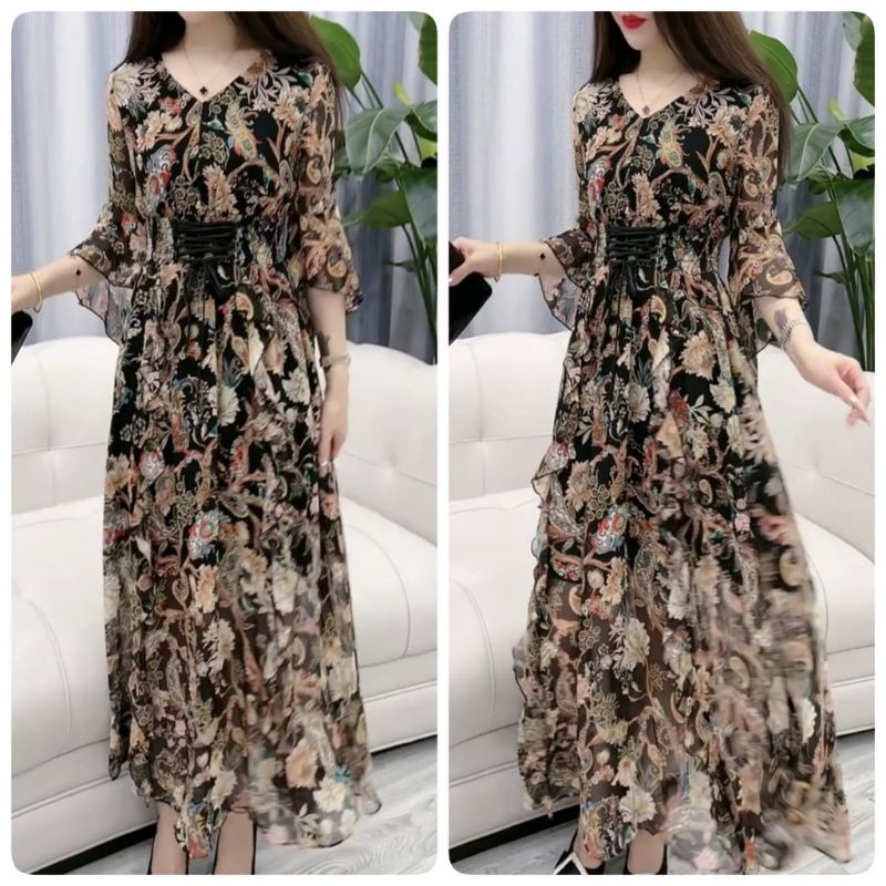 12516 Fashion Baju Maxi dress lengan panjang sifon Vi Neck hitam simpel ringan mewah elegan pesta pa