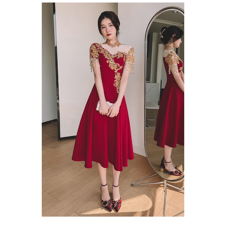 Gaun Pesta D22031 Cheongsam Merah Lengan Pendek Sangjit Dress Gown