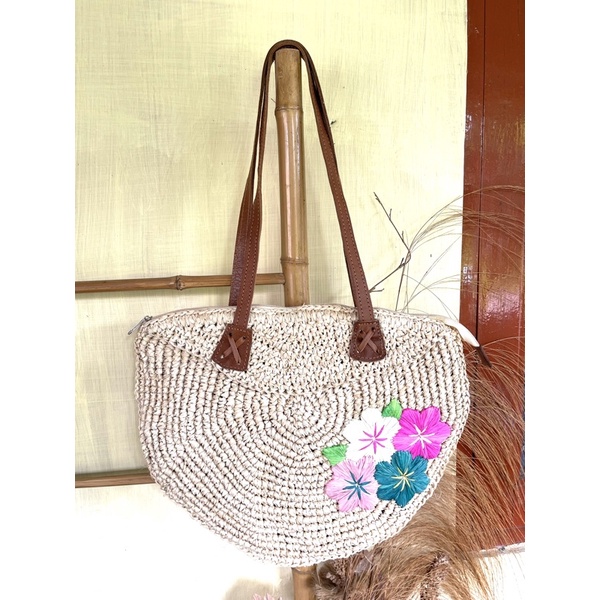 Gajih straw Bag sulam bunga