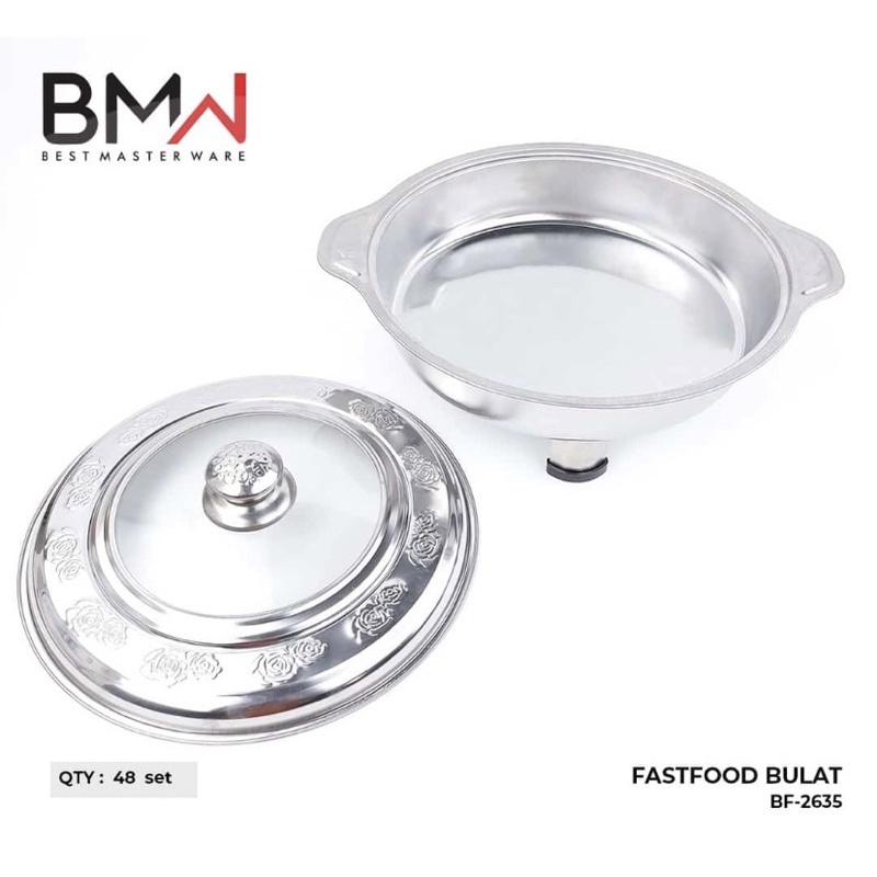 Fast Food Bulat - Tempat Makan Prasmanan Set Stainless Steel - Tempat Wadah Bulat Saji Makanan Lauk Tahan Panas Dengan Tutup Kombinasi