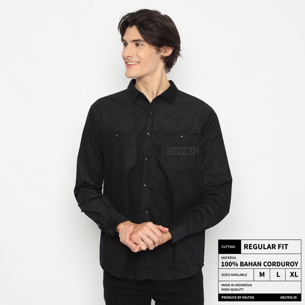 Helten Kemeja Outer Corduroy Pria Wanita Lengan Panjang Warna Hitam Two Pocket