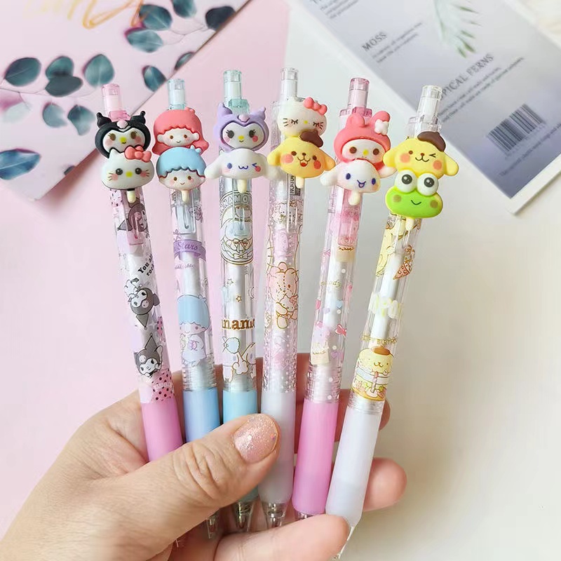 6pcs /lot Kartun Press Gel Pen 0.5mm Hitam Rollerball Tulis Alat Tulis