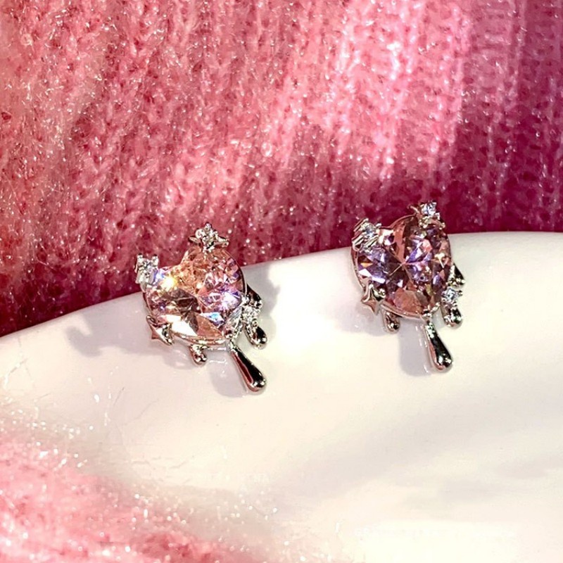 Anting Korea Warna Pink Zirkon Hati Logam Tidak Teratur Untuk Wanita COCOJEWELRY