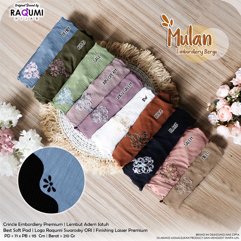 MULAN EMBORDIERY BERGO RAQUMI ORIGINAL | KHIMAR CRINCLE | KHIMAR BLACK | BERGO HITAM | KHIMAR MOTIF 