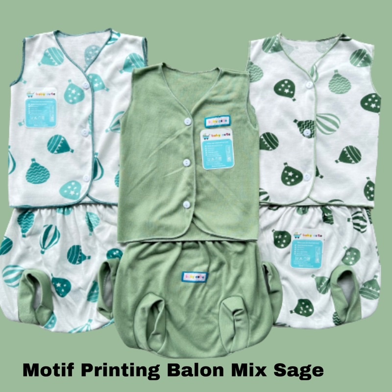 24pcs Paket Komplit Perlengkapan Baju Bayi celana bayi topi sarung tangan kado Baru Lahir, 3-6 dan 6-12 bulan SNI Motif Balon Hijau Sage  Promo 9.9