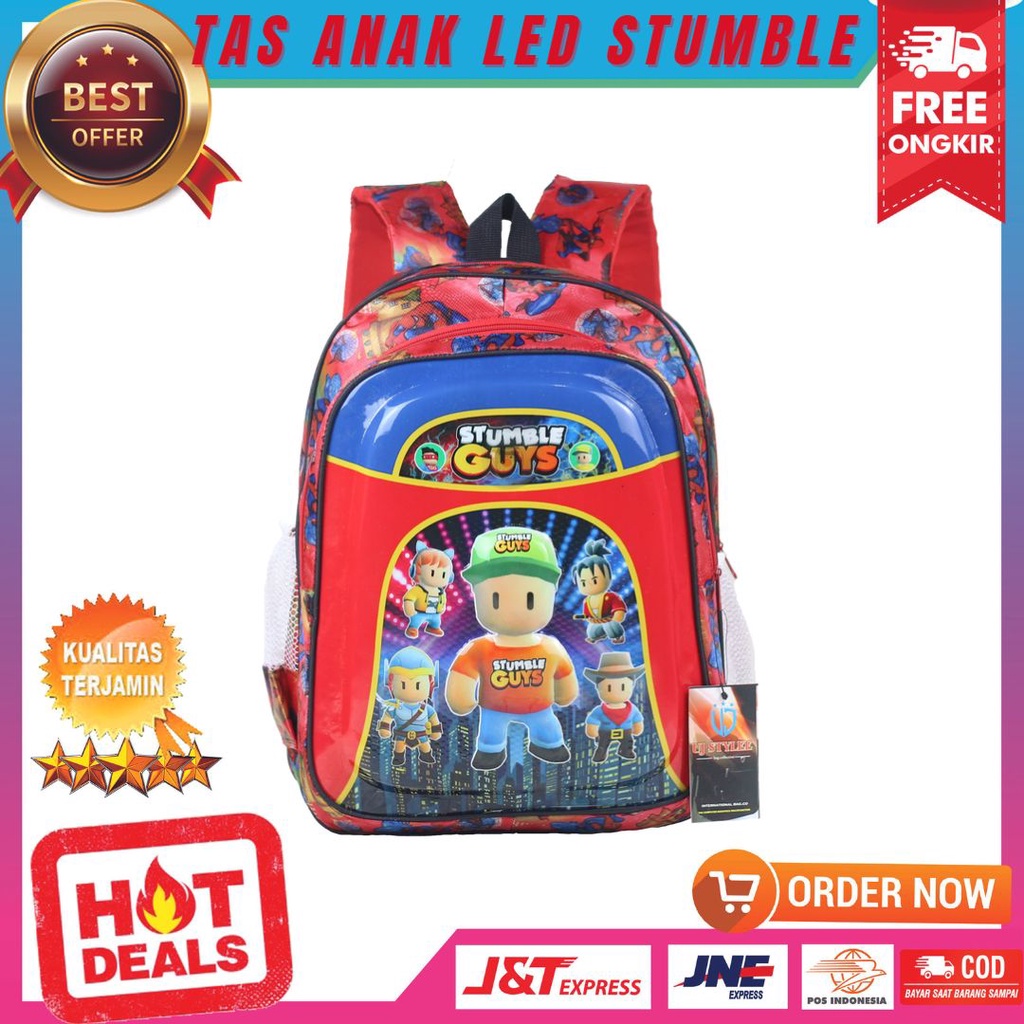 Tas Ransel Anak LED Untuk Anak Cowok Motif Stumble Guys Backpack Sekolah TK PAUD SD Warna Merah Bahan Dolby Tebal Murah Berkualitas