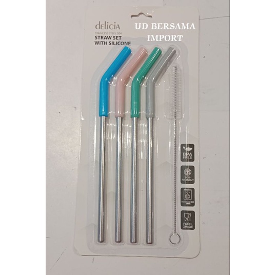 Sedotan Stainless Dengan Silikon 5pcs/Peralatan Minum DELICIA