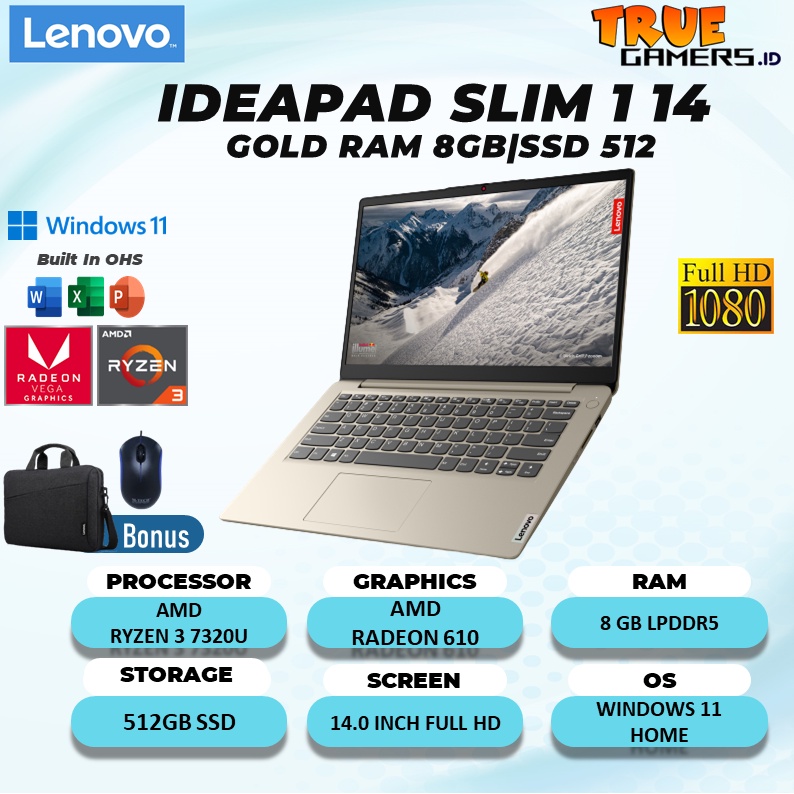 LAPTOP LENOVO IDEAPAD SLIM 1 14 RYZEN 3 7320U RAM 8GB 512ssd RADEON 610M FREE OFFICE 14.0FHD