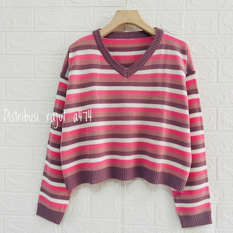 KAGURA KNIT STRIPE WANITA V LENGAN PANJANG PREMIUM SWEATER KOREA