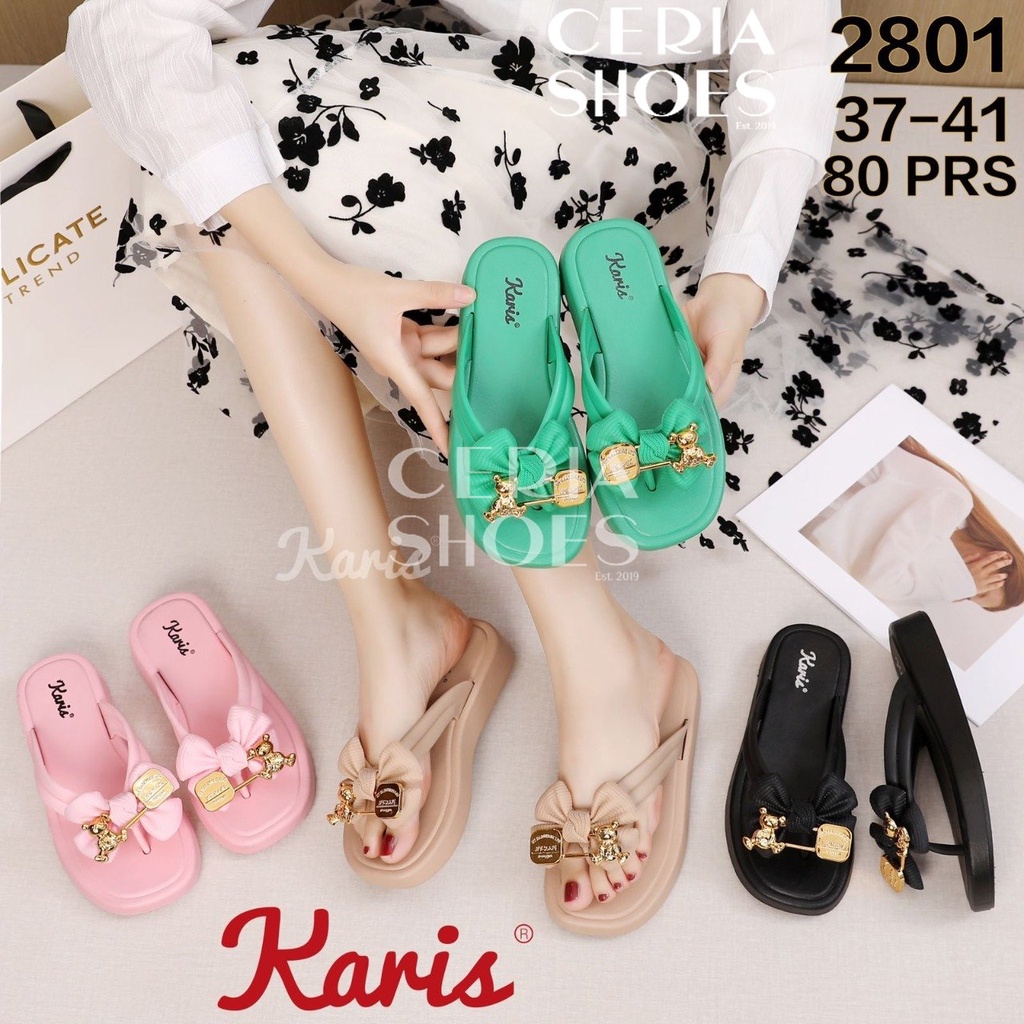 PVC Sandal Jepit Wanita Jelly Import Pita Golden Pin Bear Bahan Tebal Sol Non-Slip Rubber Empuk Elastis 2801-KARIS