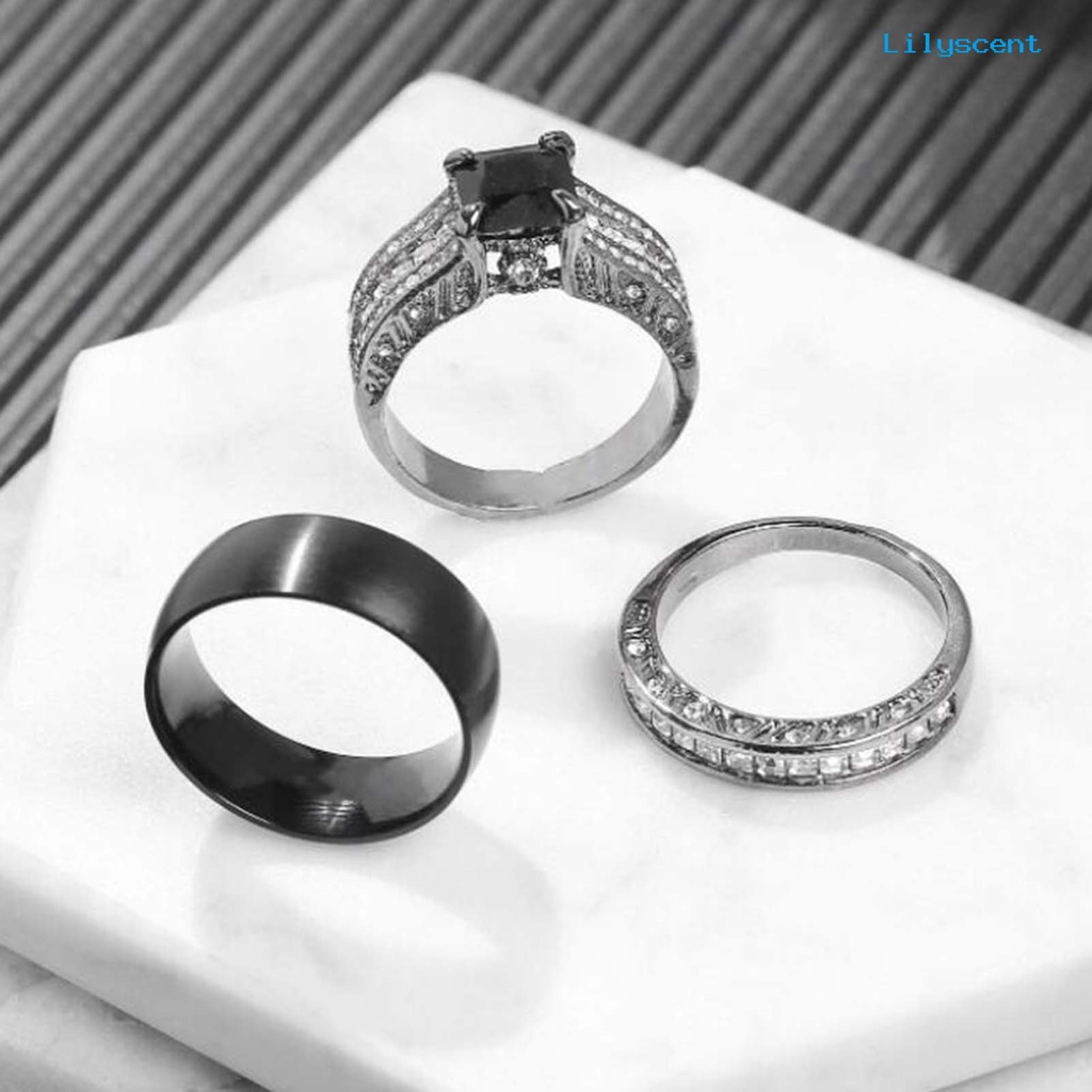 [LS]3Pcs /Set Cincin Pasangan Laporan Permukaan Halus Paduan Persegi Bertatahkan Cubic Zirconia Pernikahan Band Perhiasan Fashion