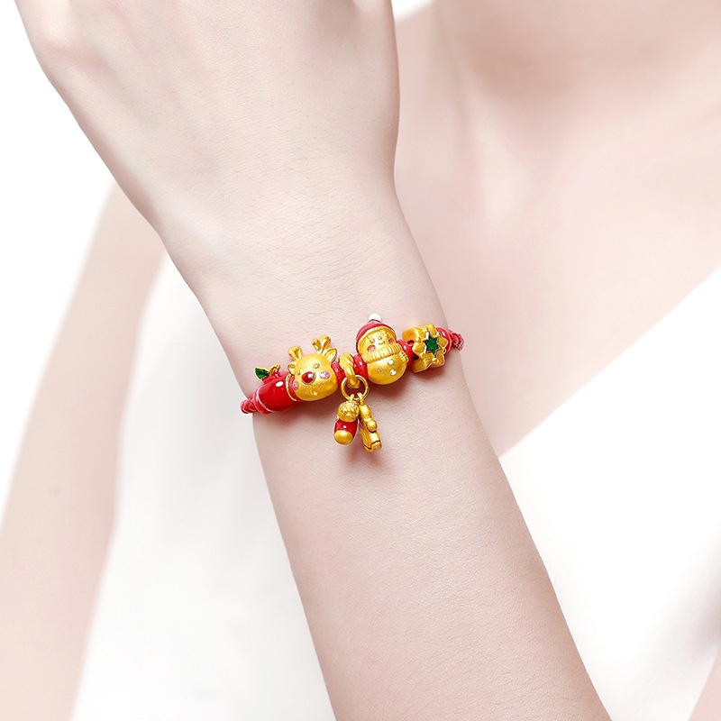 Goldkingdom Perhiasan Fashion Emas Asli Kadar 375Bangkok Aksesoris Ready Stock Berlapis Emas Apel Transshipment Manik-Manik Elk Gelang Wanita Snowman 3D Natal Handjewelry