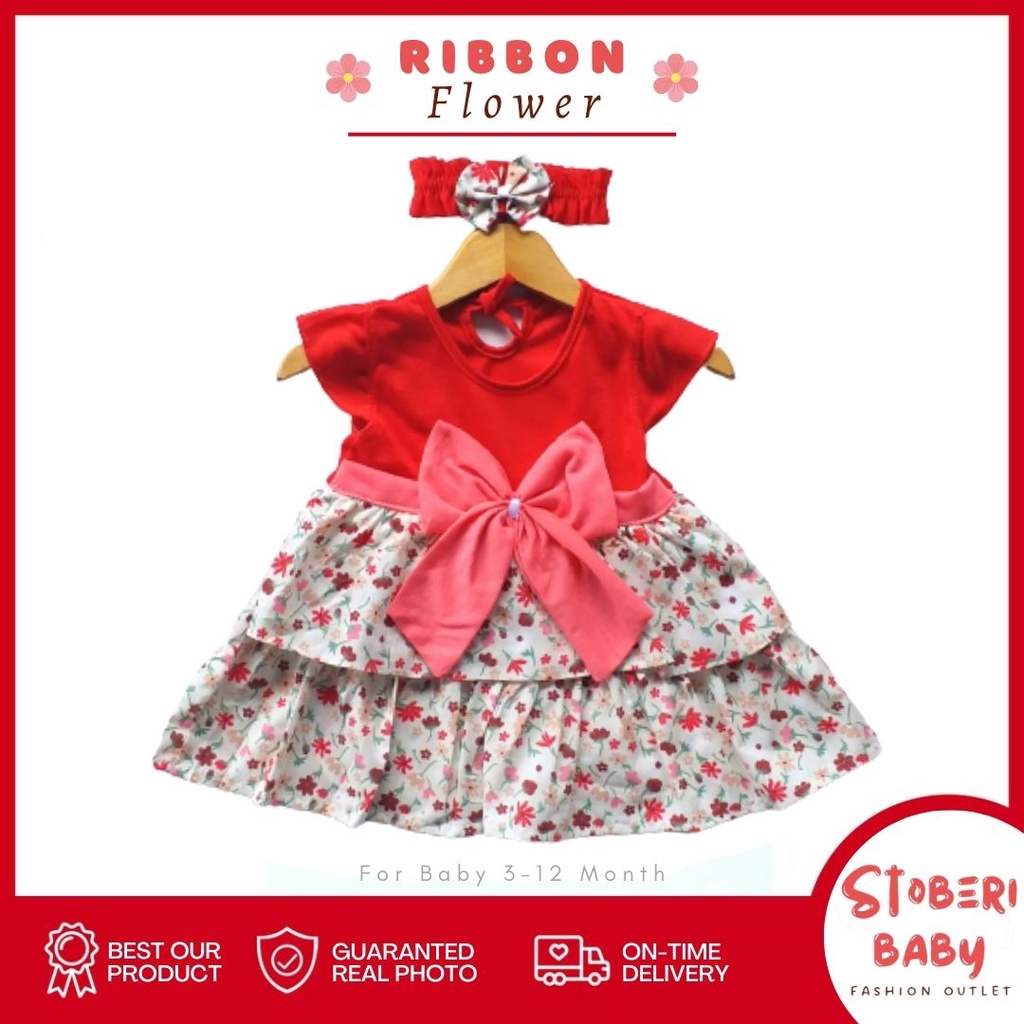 PUNCAK 3.3 stoberi baby - (EXCLUSIVE ON PUNCAK 3.3 stoberi BABY) Dress Bayi Motif Animal Lucu Baju Bayi Perempuan / QIU2 RIBBON FLOWER