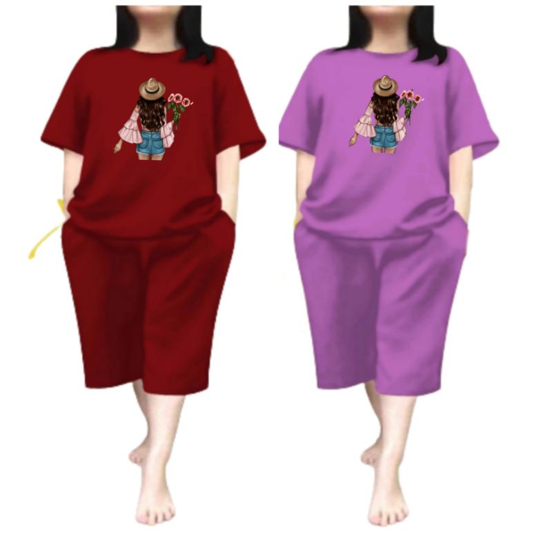 Baju Setelan Wanita Dewasa Jumbo Ld 115 Cm One Set Baju Kaos Wanita dan Celana Pendek Oversize 3/4 Baju Setelan Cewek Dewasa Terbaru 2023 Kekinian Stelan Wanita Dewasa Viral Set Set cewek pegang bunga