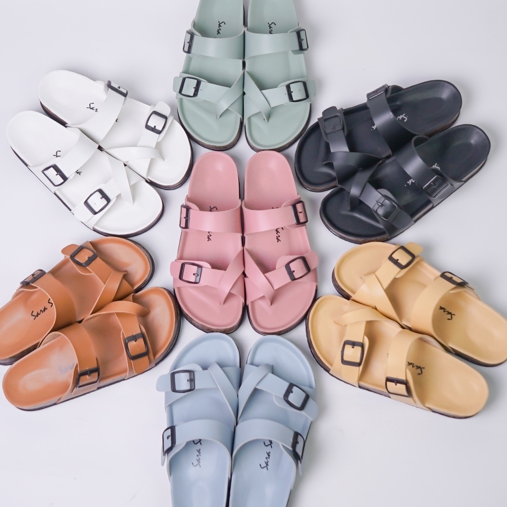 SARASARA YUK - Sandal Wanita Slop Casual Model Birken Sol Puyuh SARA SARA KELLY Sendal Selop Cewek Kulit Santai Strap Gesper Ban dua Empuk Size 36 37 38 39 40 Warna Blue Biru Soft Anti Slip Premium Original Kekinian Terbaru Shoes ORI Mall Official Store