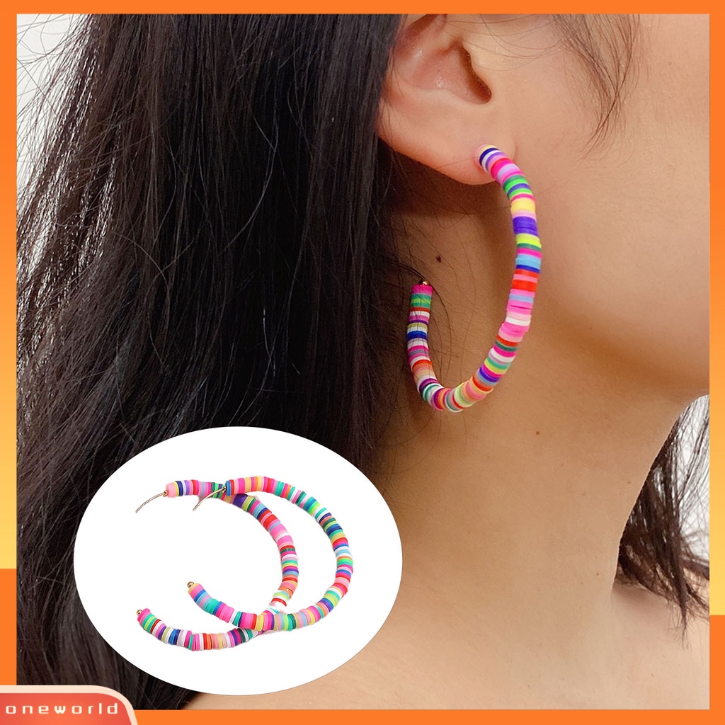 [WONE] 1pasang All-match Wanita Warna Pelangi Polymer Clay Bohemian Hoop Stud Earring Untuk Outdoor