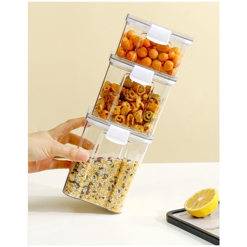 Toples Kotak Bening Plastik Penyimpanan Makanan Kedap Udara Snack Cereal Kue Kering Nastar Food Storage Jar Container - HW096