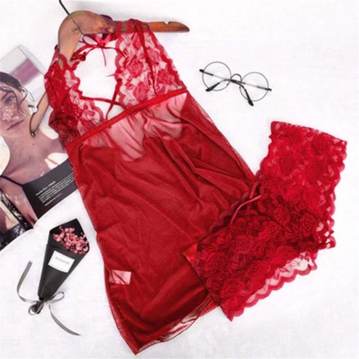 SONIA PREMIUM Sexy Lingerie Babydoll + Panty Maroon Red Lace Merah