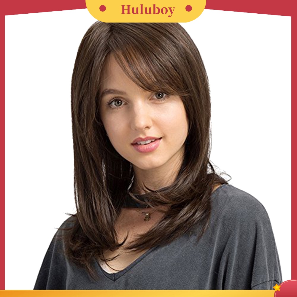 Wig Rambut Panjang Lurus Natural Dengan Poni Samping Untuk Wanita