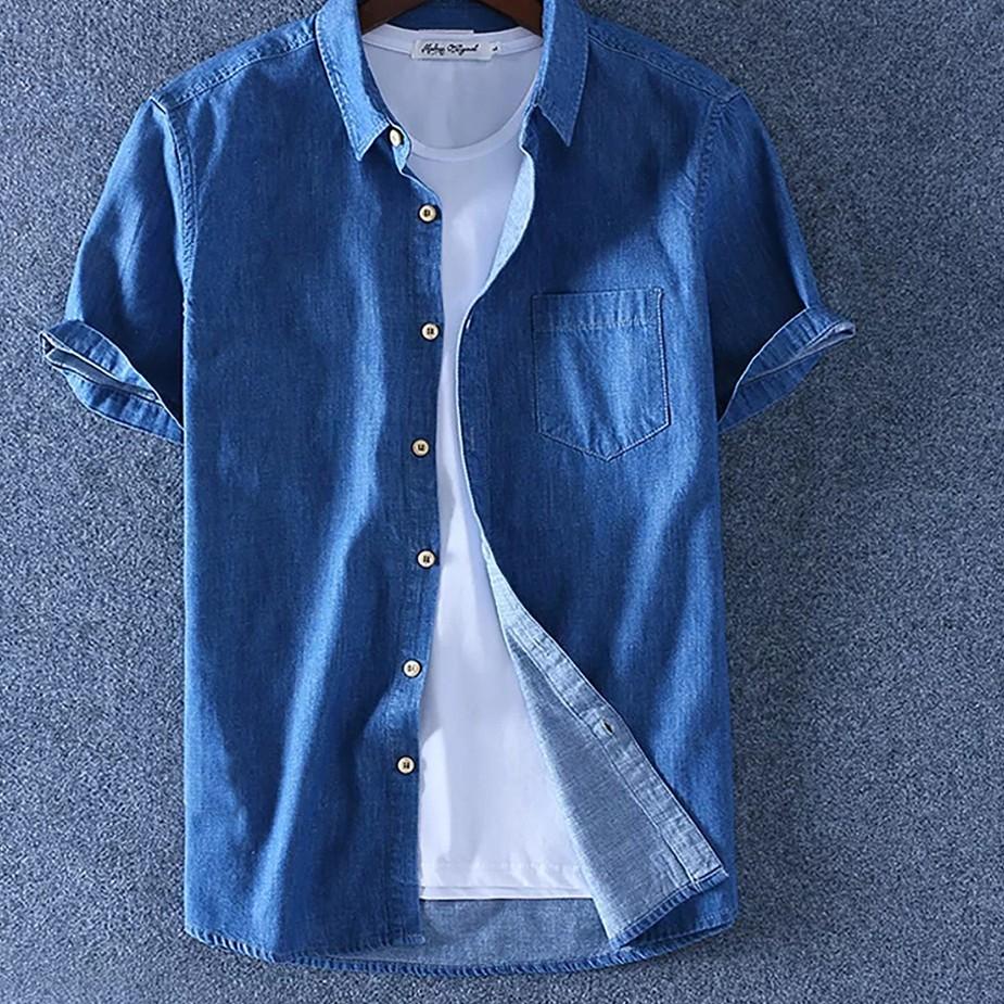 FREE ONGKIRTOTOTAshop.Kemeja jeans pria BOZZ NT,Bahan jeans wash original,Lengan pendek,fit to M-L-X