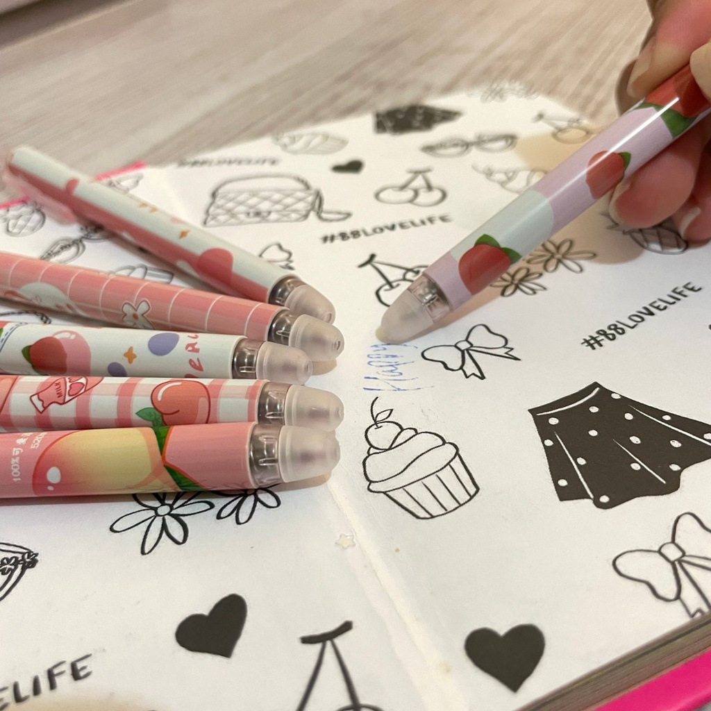 PULPEN CETEK ERASABLE MOTIF PEACH CUTE 1 PACK ISI 6 PCS HARGA TERMURAH PEN CETEK MEKANIK GAMBAR BUAH PEACH IMUT LUCU ALAT TULIS FANCY SEKOLAH DAN KANTOR READY GROSIR DAN COD