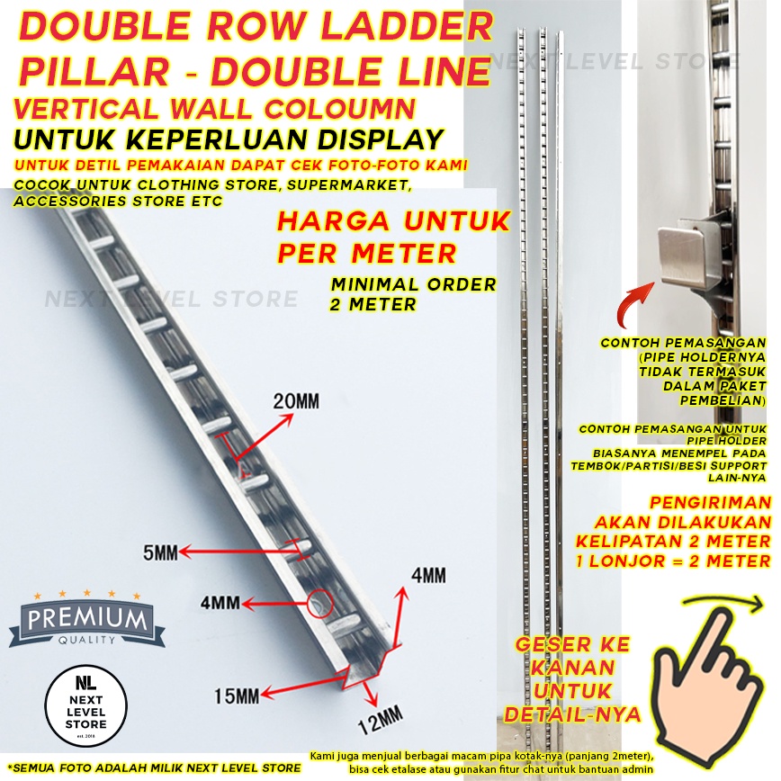 Pillar Double Row Ladder Hook Cantolan Display Bracket - (1meter) - MINIMAL ORDER 4 LONJOR/8 METER