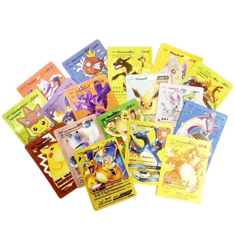 10 Pcs 54 Pcs Logam Kartu Pikachu Emas Inggris Warna-Warni Charizard Pikachu Vmax GX EX Battle Trainer Cards Koleksi Game Booster Mainan Anak