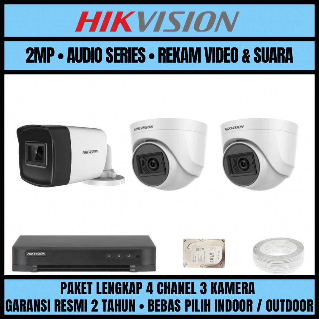 PAKET CCTV HIKVISION 2MP 4 CHANNEL 3 CAMERA KAMERA CCTV TURBO HD