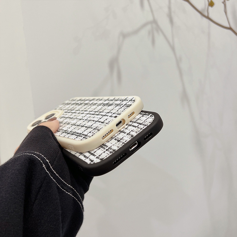 Ins Fashion Tweed Kain Ponsel Case Cover Untuk Iphone X XR Xs 11 12 13 14 PLUS PRO MAX Perlindungan Penuh Shell