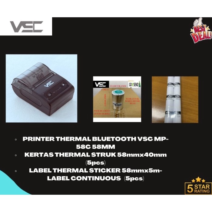 

PRINTER THERMAL BLUETOOTH VSC MP-58C +5PCS STRUK 58X40+5PCS LABEL 58X5