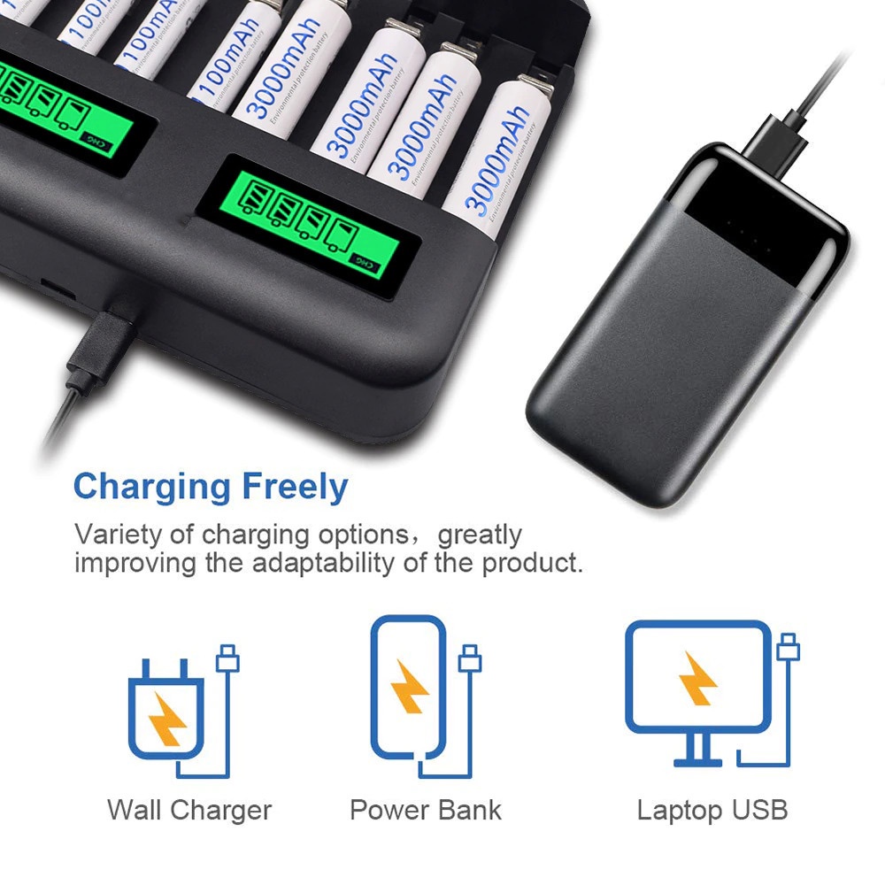 PALO Charger Baterai 8 Slot Large LCD for AA AAA SC C D