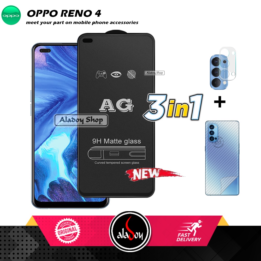 Paket 3IN1 Tempered Glass Layar Matte Anti Glare Oppo Reno 4 Free Tempered Glass Camera dan Skin Carbon