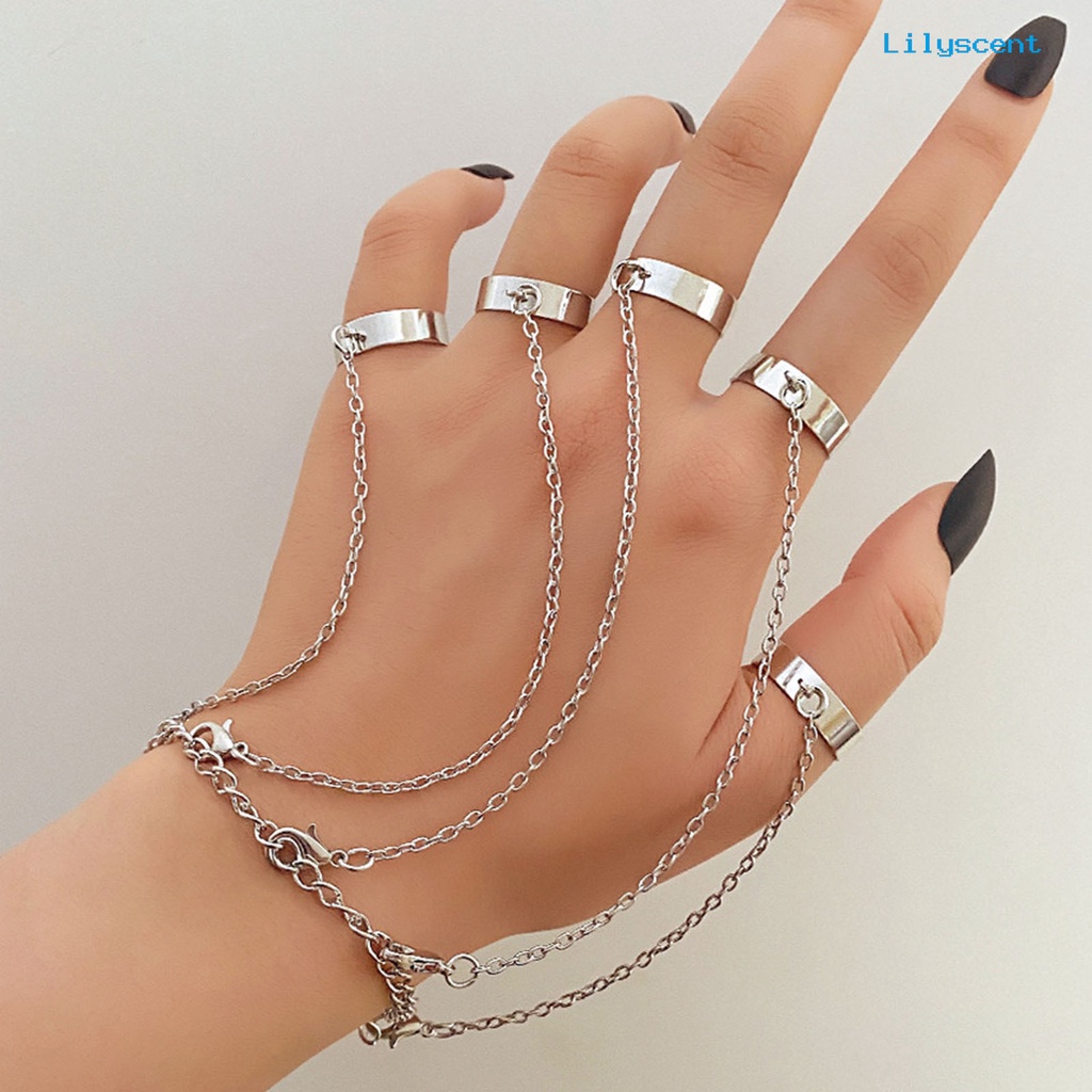 [LS] Rantai Multilayer Yang Dapat Dilepas Warna Perak Hand Harness Gelang Punk Geometris Pria Cincin Gelang Perhiasan Aksesoris