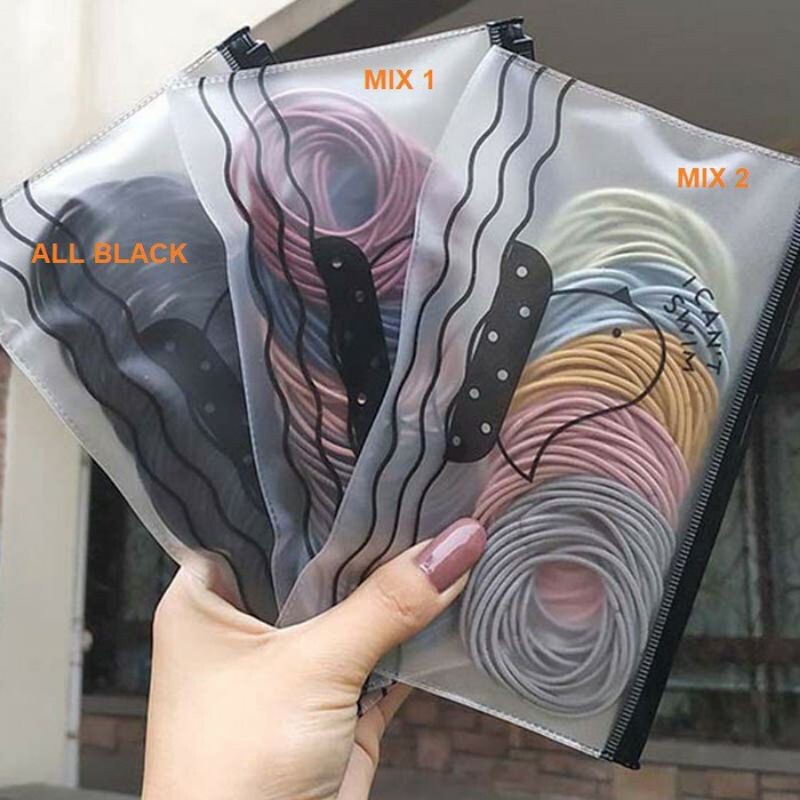 Ikat Rambut Karet Gelang Hitam Polos Elastis Gaya Korea Untuk Wanita Isi 100Pcs + FREE POUCH ikat ra