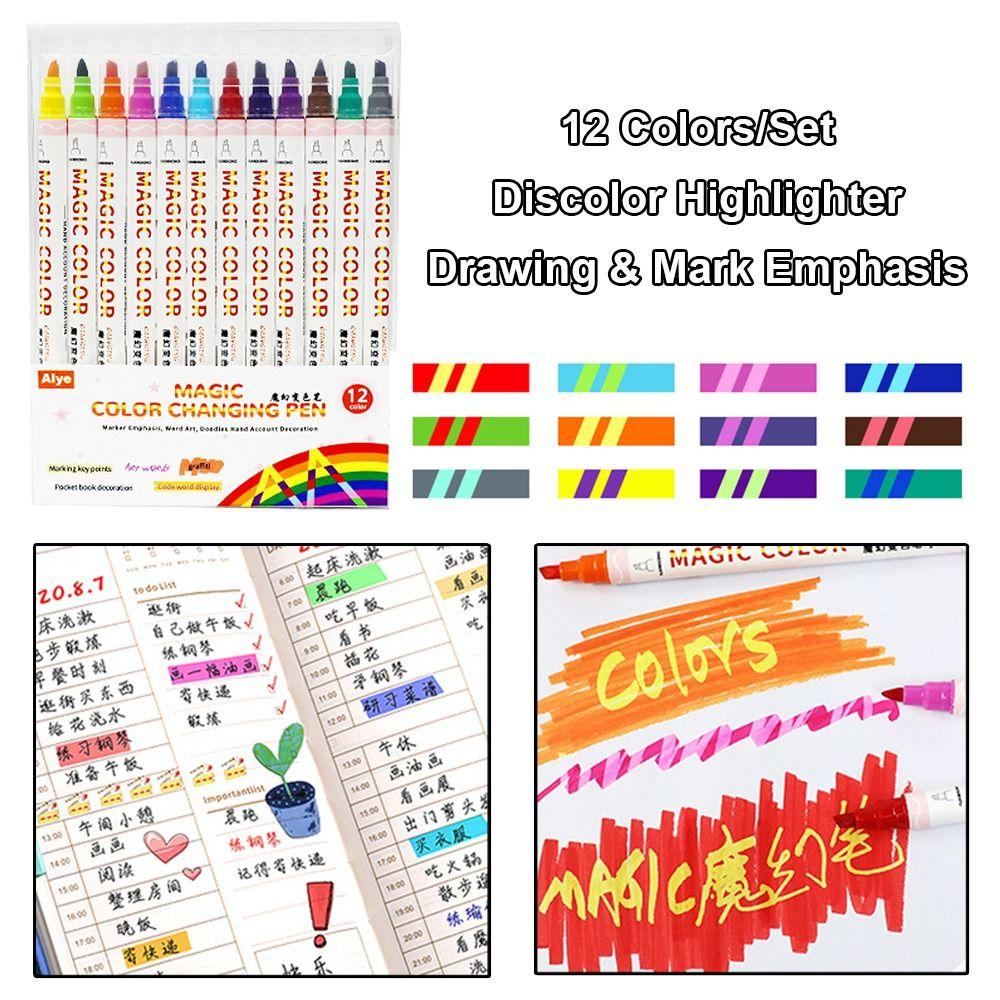 R-flower 12warna/Set Fluorescent Marker Stationery Alat Gambar Kepala Ganda Berubah Warna