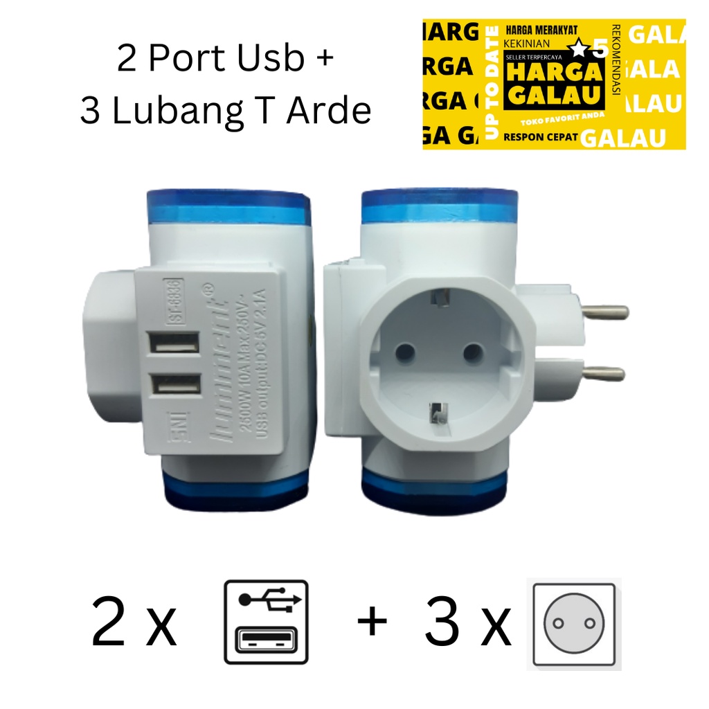 Colokan 2Usb + 3 lubang Arde SNI / T Multi 2 Port Usb Cabang 3 Socket Power