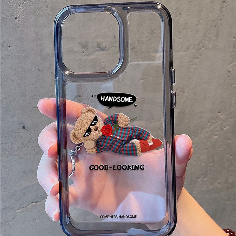 IPHONE Setelan Ganteng Beruang Shockproof Soft Phone Case Tahan Guncangan Kompatibel Untuk Iphone13 14 11 12 Pro XS Max X XR 78 6 6S Plus Casing Transparan TPU Cover