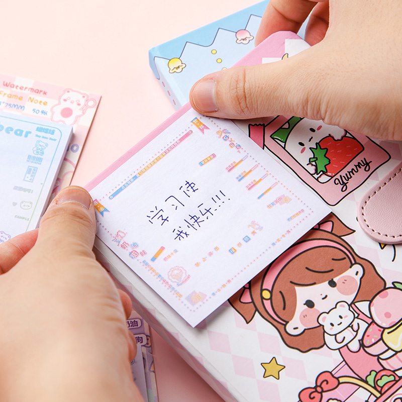 50lembar Kartun Watermark Bingkai Sticky Notes Mahasiswa Portable Mini Memo Pad