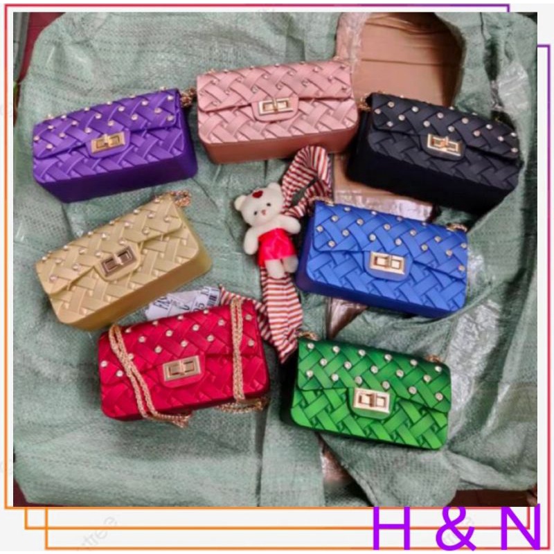 Tas Import Jakarta jelly anyam matte diamond mini uk18 (free syal n boneka)