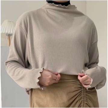 Premium Inner Rajut Ruffle Turtleneck Rib Lengan Panjang Wanita